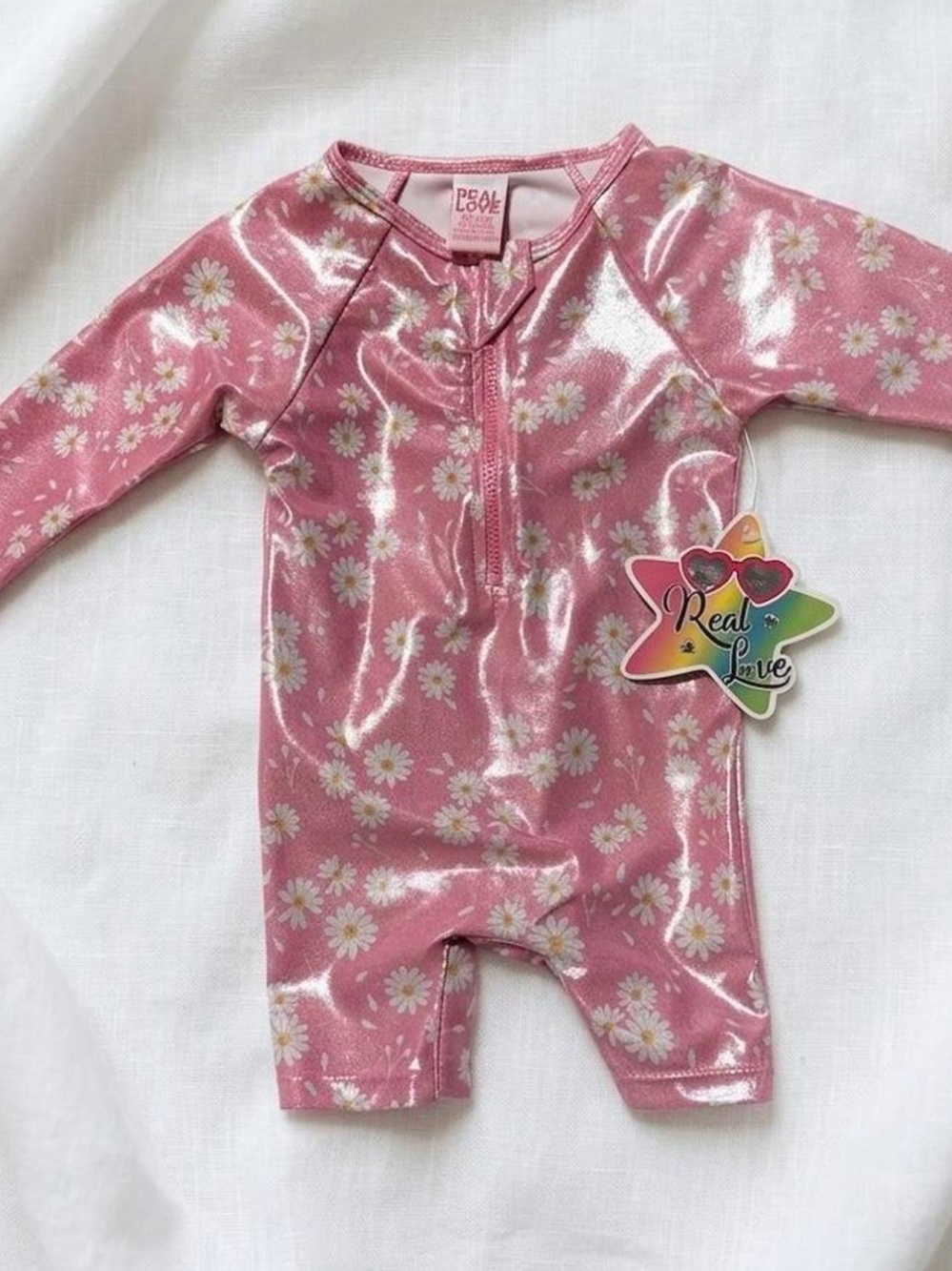 Real Love Y2K Pink Daisy Infant Swim Romper UPF 50 size 9M